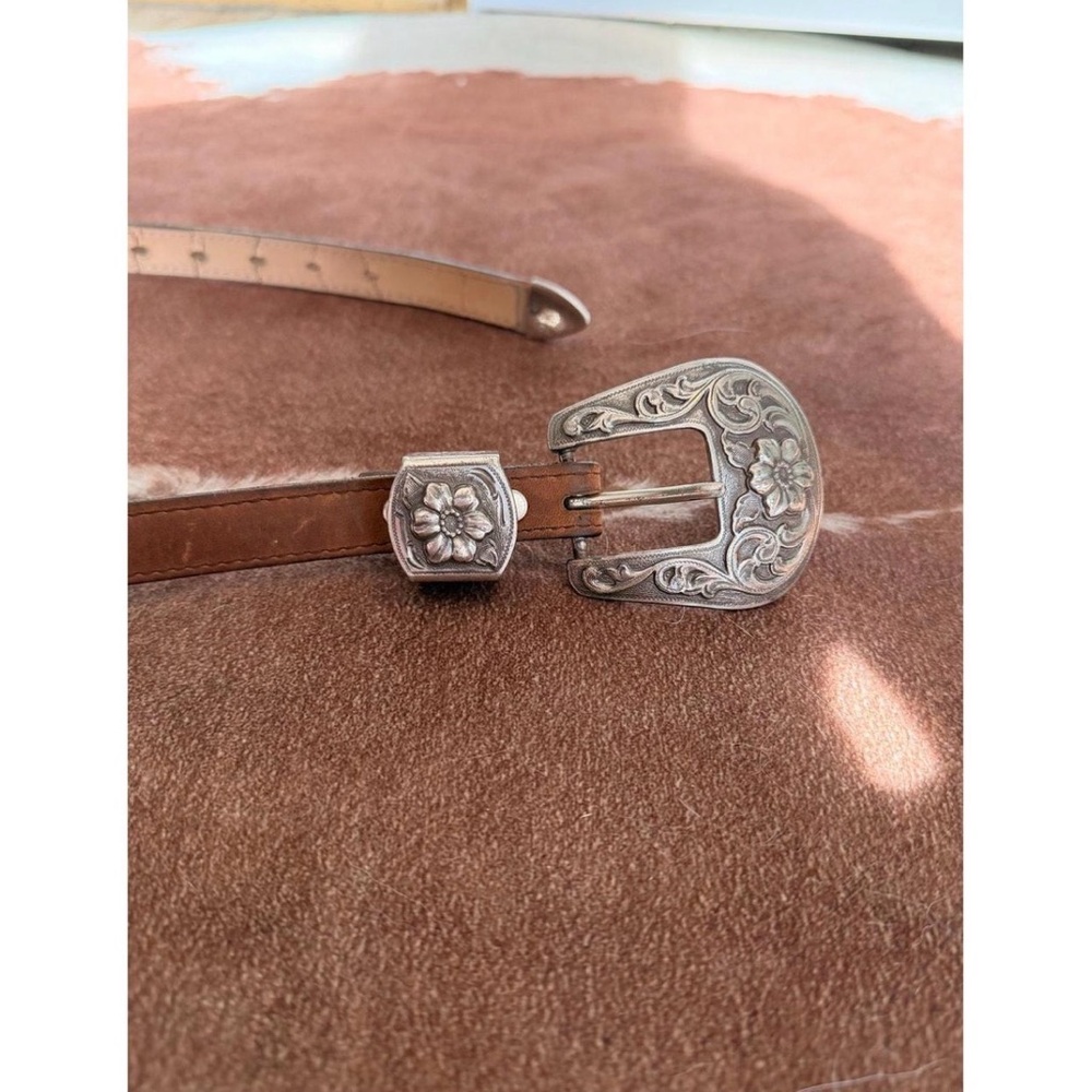Women's Brown Leather Belt with Silver Floral Buckle
